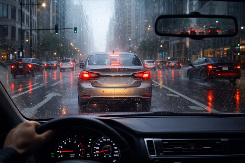 Sistema BAS auto in azione su strada bagnata