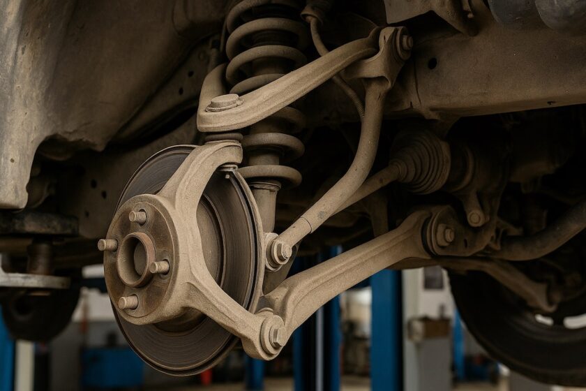 Primo piano di un braccio oscillante sotto un’auto sollevata