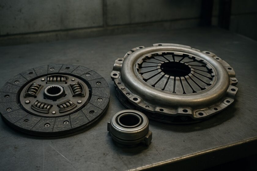 Dettaglio di disco frizione, spingidisco e cuscinetto reggispinta su banco da lavoro