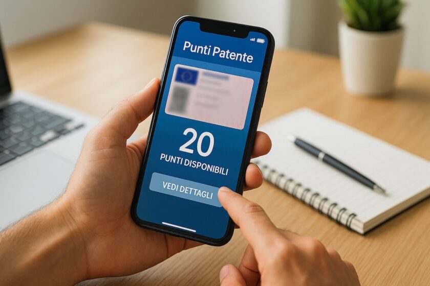 Persona che controlla i punti della patente su smartphone con app italiana