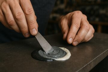 Primo piano della miscelazione dei componenti per saldatura a freddo su metallo