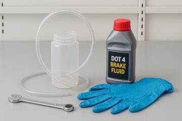 Kit per spurgo dei freni su banco da lavoro con tubo, contenitore e liquido DOT 4
