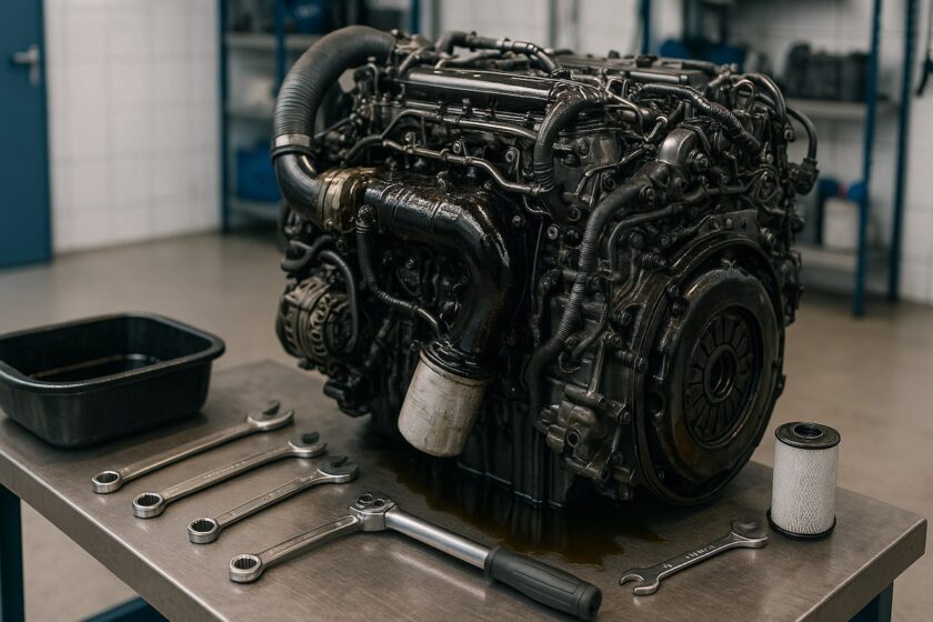 Primo piano su un motore diesel durante un lavaggio interno in officina