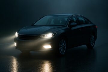 Auto con fari accesi di notte su strada buia