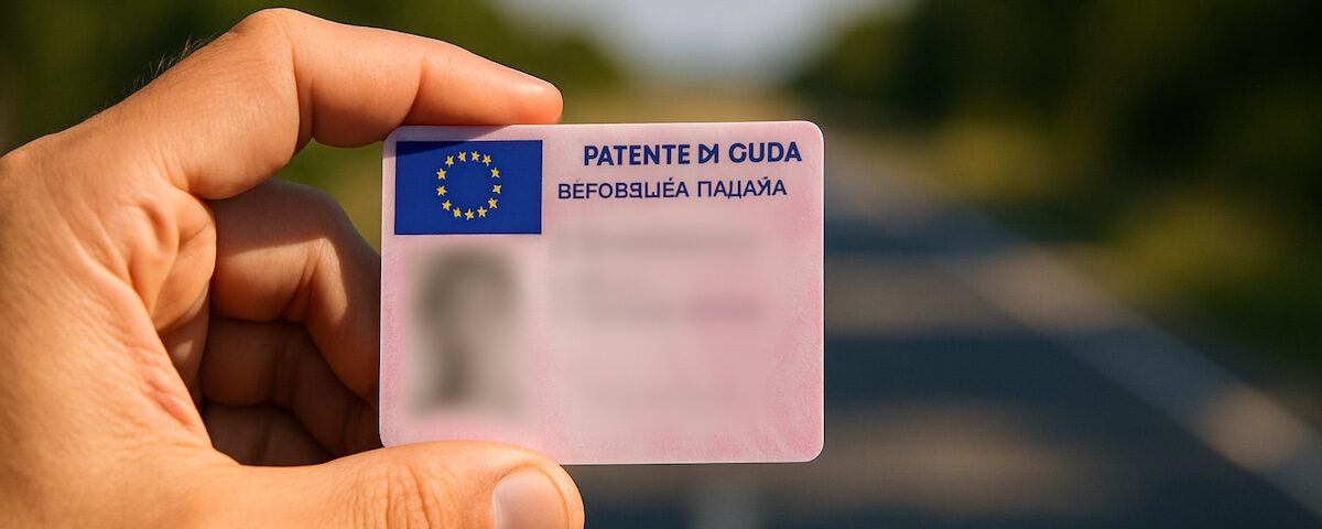Mano che tiene una patente di guida italiana con una strada sullo sfondo