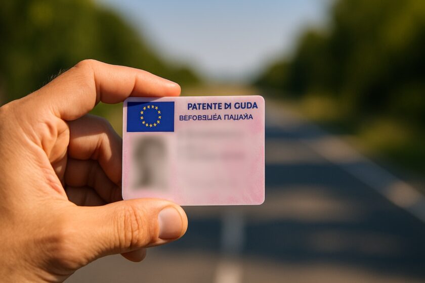 Mano che tiene una patente di guida italiana con una strada sullo sfondo