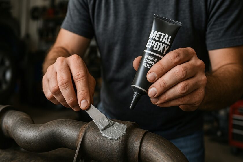 Mani che applicano la saldatura a freddo su una parte in acciaio di un’auto