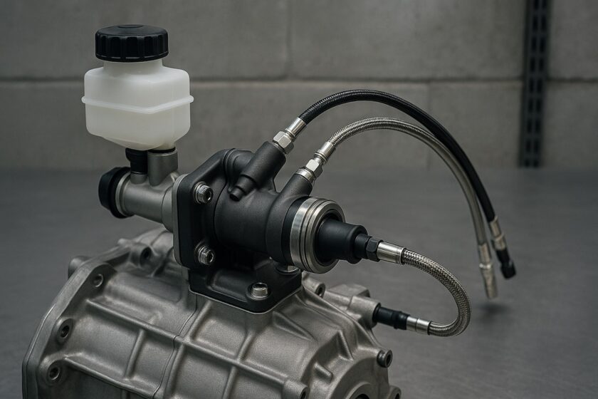 Vista ravvicinata di un sistema frizione idraulico con tubazioni e attuatore in officina