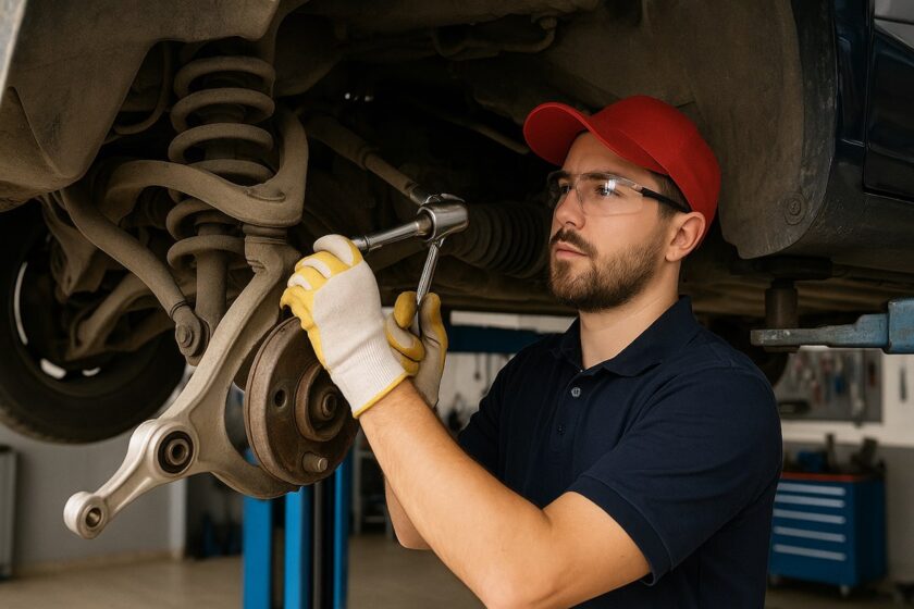 Meccanico che lavora sotto un’auto sollevata per cambiare il braccio oscillante