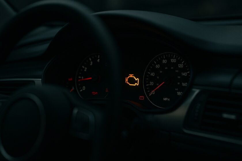 Spia arancione del motore accesa su cruscotto di auto diesel