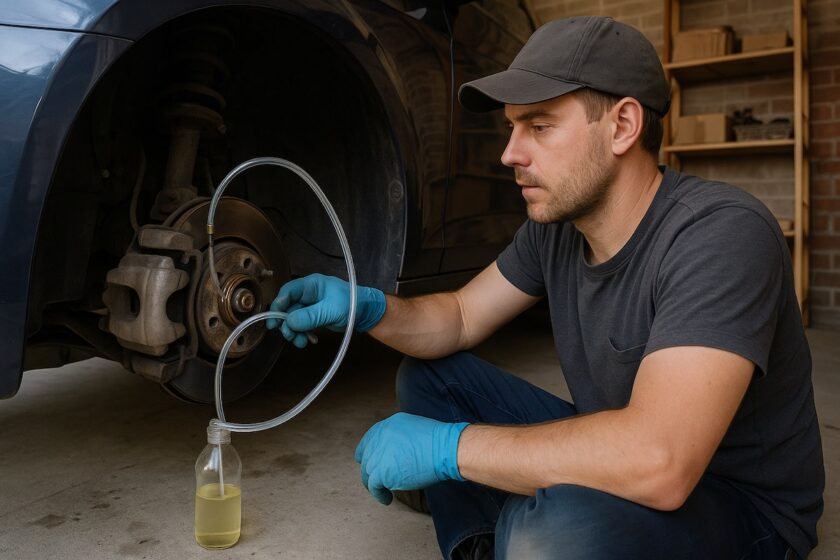 Meccanico che esegue lo spurgo dei freni in garage usando un tubo trasparente