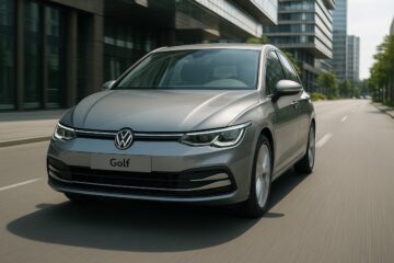 Auto Volkswagen Golf TSI in movimento su strada urbana, vista frontale