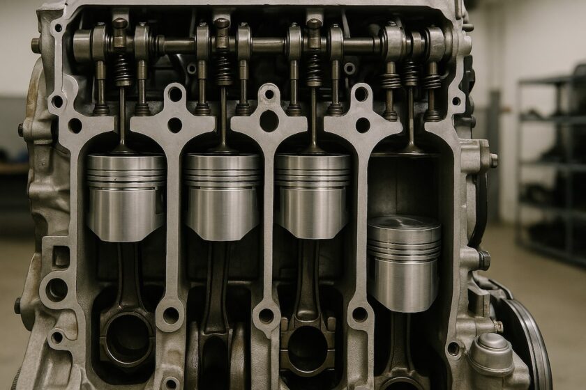 Dettaglio di un motore auto con cilindri e pistoni visibili in primo piano