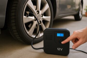 Compressore portatile collegato alla ruota di un’auto parcheggiata in garage per gonfiare le gomme a casa