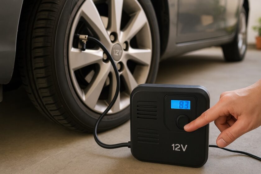 Compressore portatile collegato alla ruota di un’auto parcheggiata in garage per gonfiare le gomme a casa