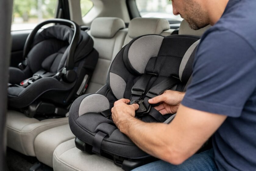 Genitore che allaccia la cintura di sicurezza di un seggiolino auto sul sedile posteriore, con altri seggiolini installati