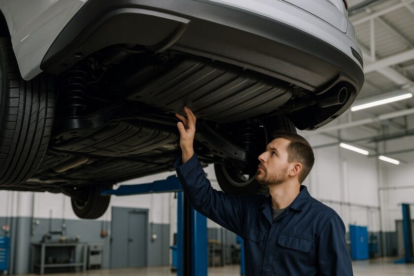 Sottoscocca di un’auto sollevata sul ponte con trattamento protettivo scuro applicato da un meccanico