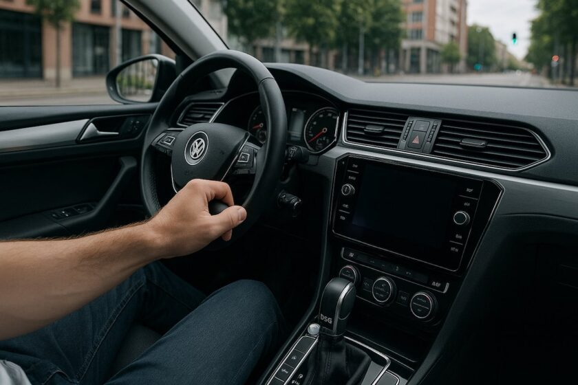 Interni auto con mano sulla leva del cambio DSG