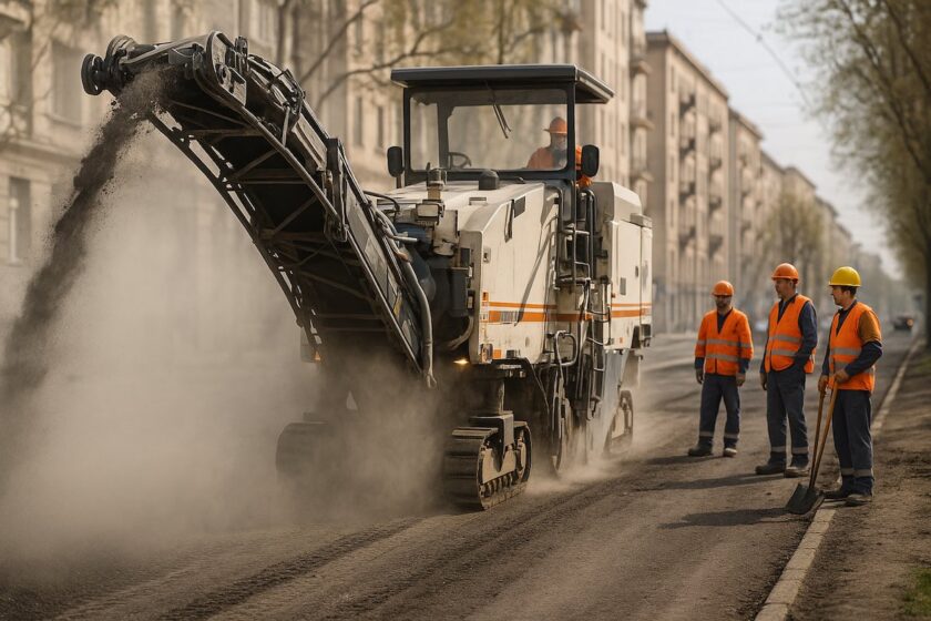 Fresatrice che rimuove l’asfalto da una strada durante i lavori di scarifica