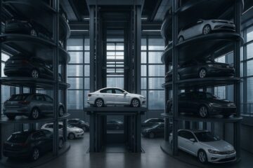 Sistema di parcheggio automatizzato con ascensori per auto in un edificio moderno