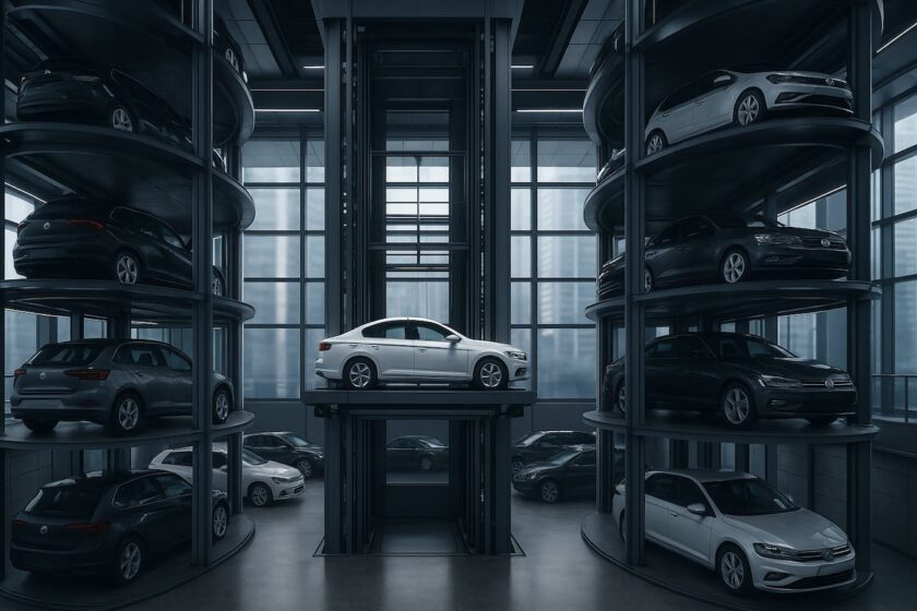 Sistema di parcheggio automatizzato con ascensori per auto in un edificio moderno