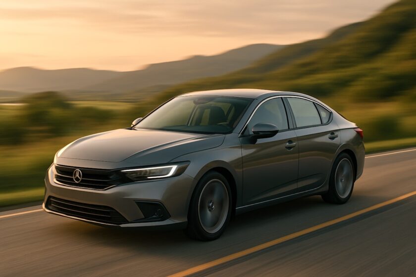 Auto moderna in marcia su strada panoramica, simbolo delle prestazioni legate ai cilindri del motore