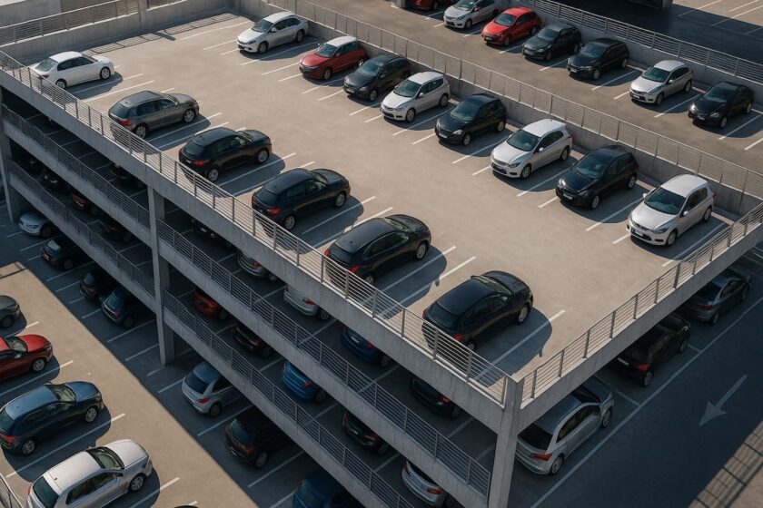 Vista aerea di un parcheggio con auto disposte in parallelo, a pettine e in obliquo