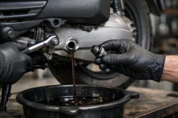 Mani che effettuano il cambio olio su scooter, manutenzione olio motore SH 150