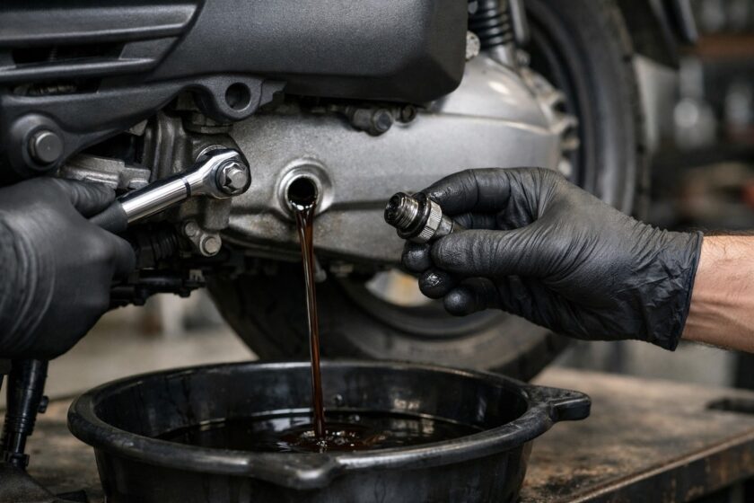 Mani che effettuano il cambio olio su scooter, manutenzione olio motore SH 150
