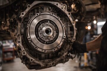 Area frizione e volano visibile durante una riparazione della trasmissione su auto diesel