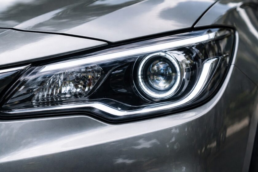 Primo piano di un faro auto con proiettore a lente, tipico dei proiettori auto