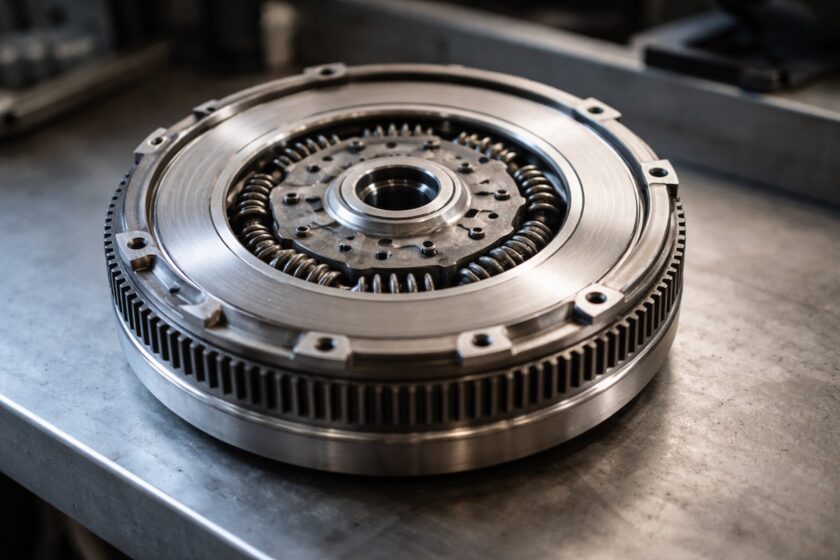 Dettaglio ravvicinato di un volano bimassa per motore diesel su banco da lavoro