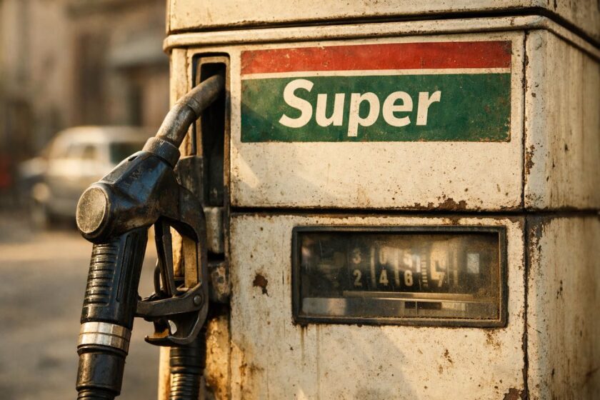 Colonnina vintage con indicazione Super, legata al termine benzina rossa