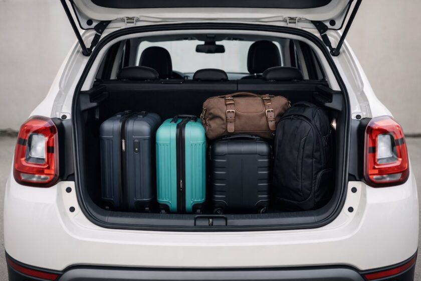 Bagagliaio aperto con valigie: esempio di capienza della Fiat 500X