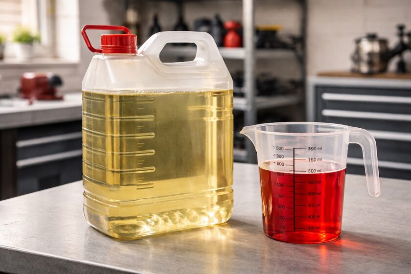 Misurino con olio 2T e tanica per preparare la miscela al 3%