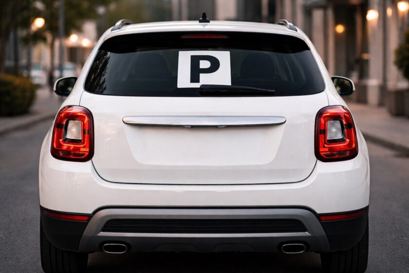 Cartello P di principiante sul lunotto posteriore dell’auto in esercitazione