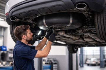 Meccanico in officina durante la sostituzione del serbatoio GPL di un’auto