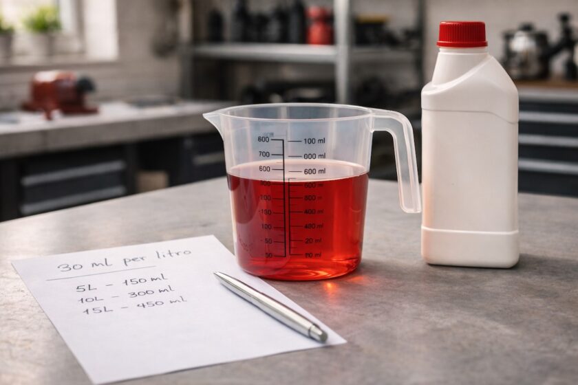 Calcolo miscela al 3% con misurino e nota 30 ml per litro