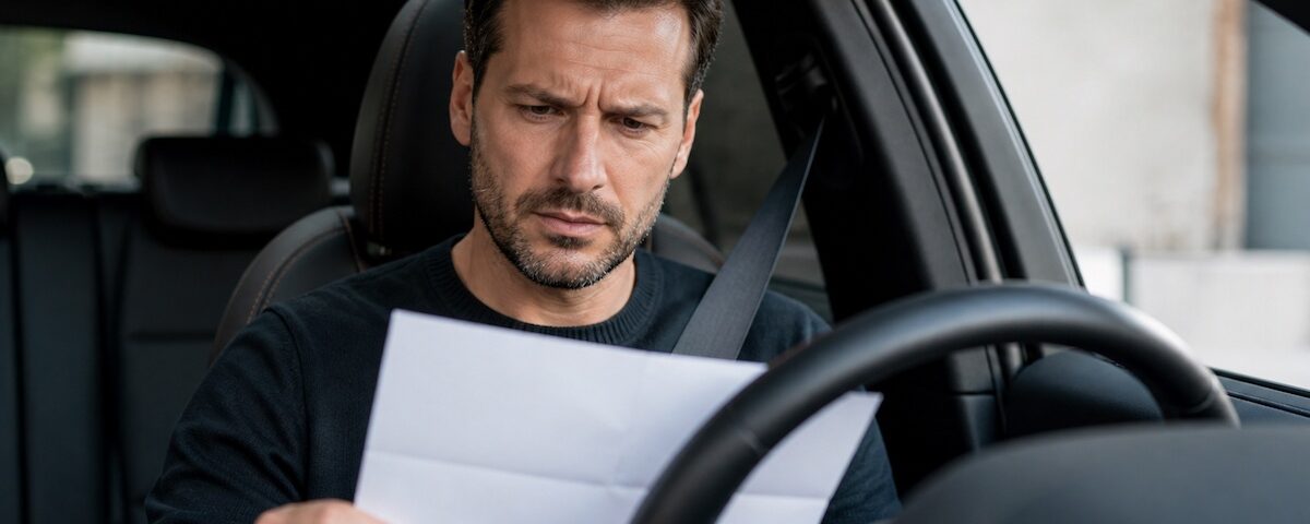 persona controlla documento assicurativo auto con espressione dubbiosa