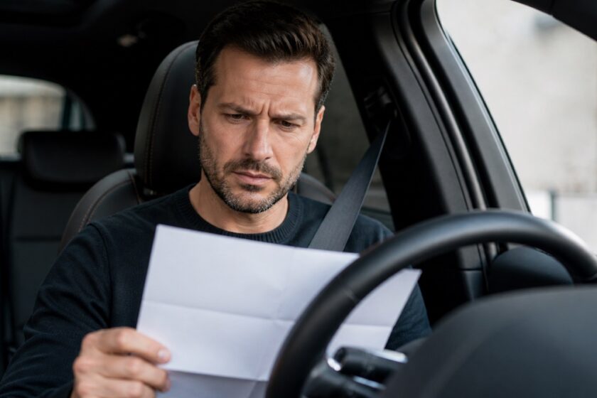 persona controlla documento assicurativo auto con espressione dubbiosa