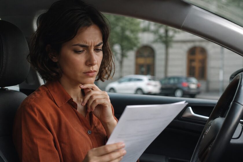 persona in auto controlla un verbale di multa con espressione dubbiosa
