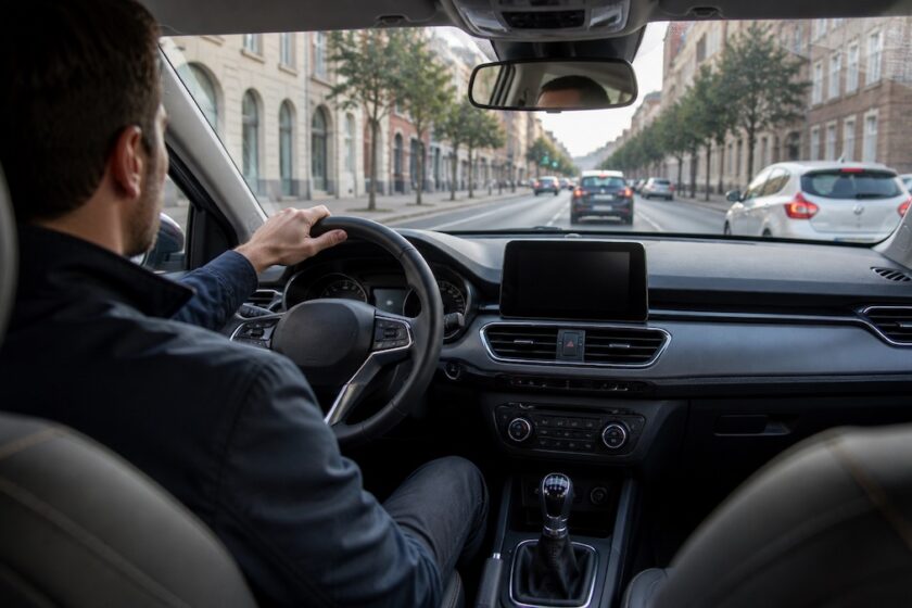 persona guida auto compatta moderna in ambiente urbano