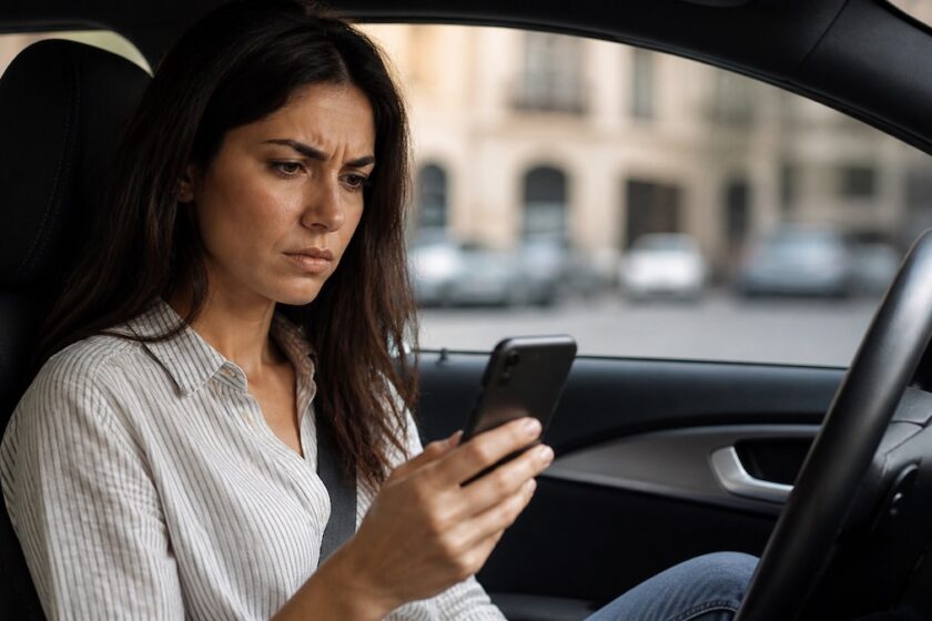 persona controlla offerta assicurazione auto economica su smartphone con espressione dubbiosa
