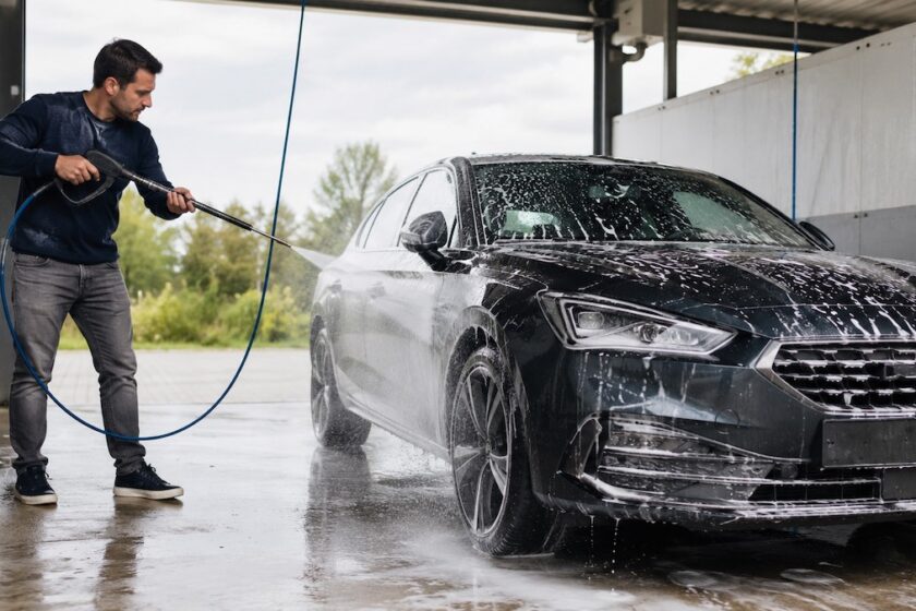 Persona lava l’auto in un autolavaggio fai da te con lancia ad alta pressione