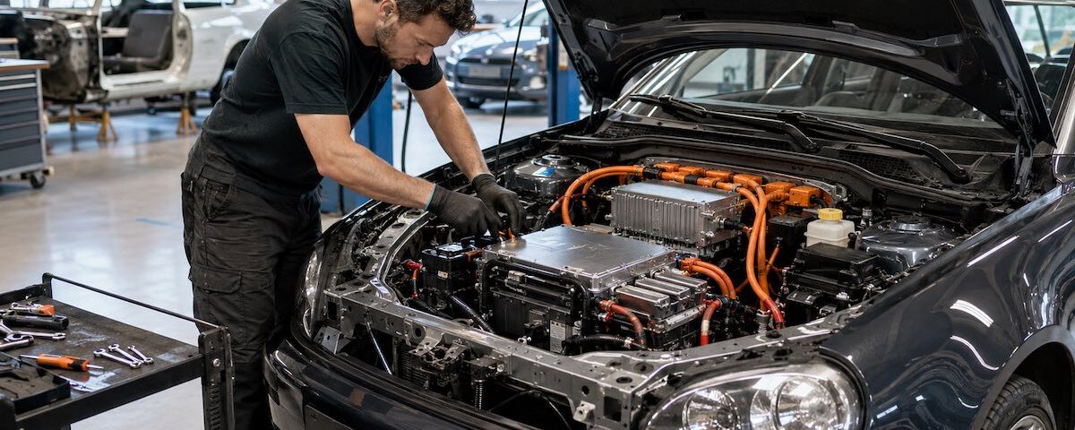 Tecnico che lavora su un’auto durante una conversione elettrica