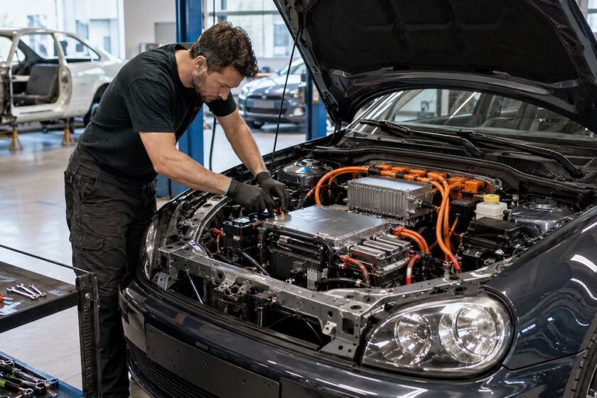 Tecnico che lavora su un’auto durante una conversione elettrica