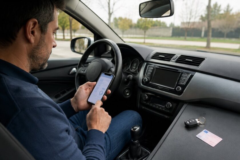 Persona in auto controlla online il saldo dopo la decurtazione punti patente