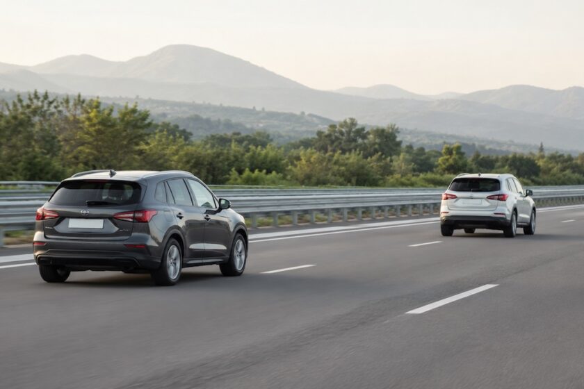 Due auto che mantengono la distanza di sicurezza su strada