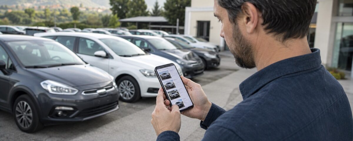 Persona che confronta i prezzi delle auto usate davanti a una concessionaria