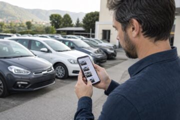 Persona che confronta i prezzi delle auto usate davanti a una concessionaria